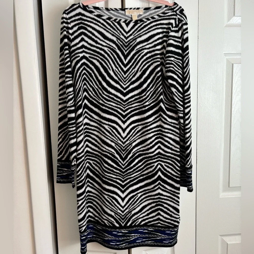 Michael Kors Black and White Zebra Long Sleeve Dress w/blue accent, sz Large